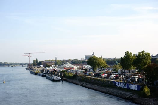 Mainz,Germany - October 02,2015: The panorama over the rhine river near the city of Mainz with the planke north cultural beer garden at the street food festival on October 2,2015 in Mainz.