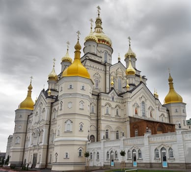 monastery in the town of Pochaev on the sky background