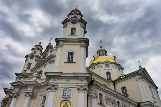 monastery in the town of Pochaev on the sky background