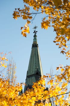 Church Steeple in Umeå, Sweden with Yellow Maple Leaves in front.