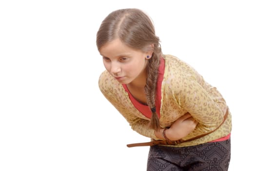 young girl with stomach ache, pain folded isolated on white background