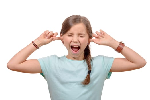young girl stops his ears with his hands and closes her eyes on white background