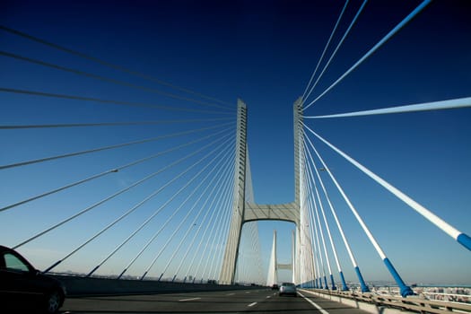 Driving along car the Vasco da Gama Bridge, the the longest one in Europe