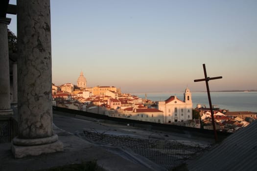 Alfama district from the miradouro viewpoint in the central Lisbon at dusk, Portugal