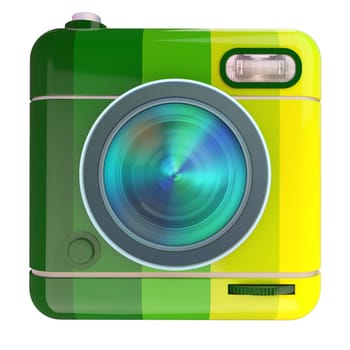 3D rendering of a photo camera icon with a Brazil flag colors