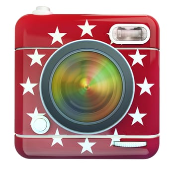 3D rendering of a photo camera icon red with white stars