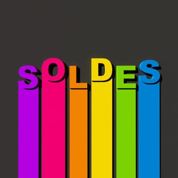 Multicolored sign on black background with the word sales in French