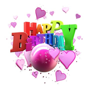 3D rendering of a Happy Birthday greeting message with hearts