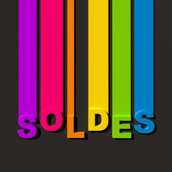 Multicolored sign on black background with the word sales in French