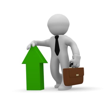 3d business character with a green upswing arrow on a white background