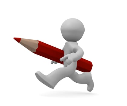 3d character with a red pencil on a white background