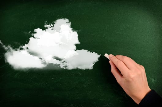 Hand drawing with chalk a big cloud shape on a blackboard