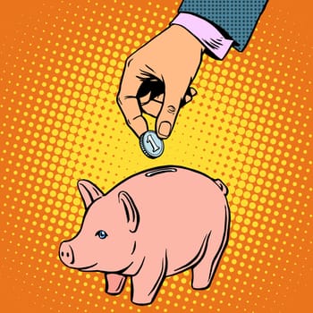 Piggy Bank contribution money pop art retro style. Banking Deposit business concept