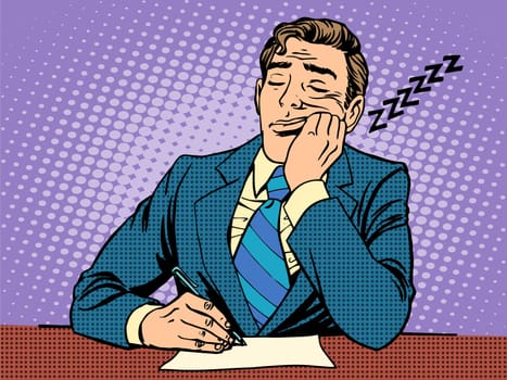 Boring report. A man fell asleep on lectures pop art retro style