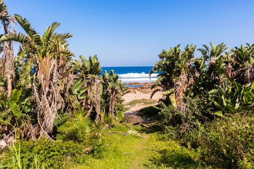 Beach coastline walkway pathway to blue ocean rocky landscape