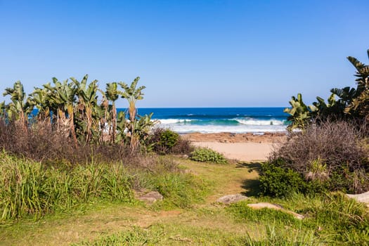 Beach coastline walkway pathway to blue ocean rocky landscape
