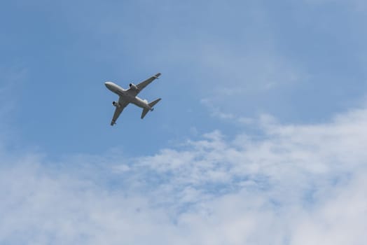 airplane jet flying in a blue sky