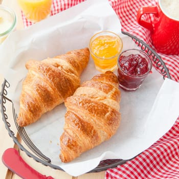 Fresh croissants with jams for breakfast
