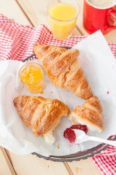 Fresh croissants with jams for breakfast