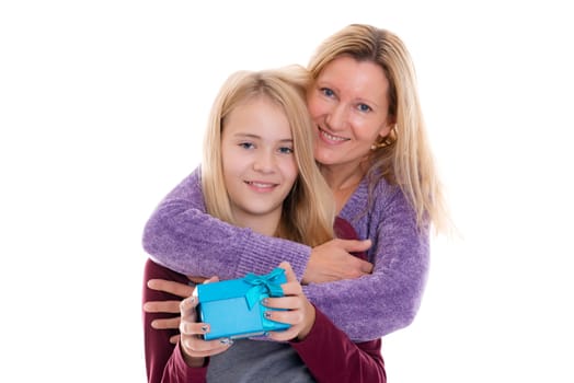 blond girl and woman with a blue gift box