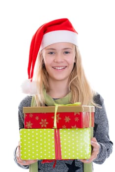 smiling girl with Santa- cap and present
