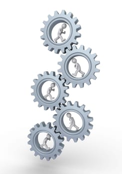 3d businessmen are running inside cogwheels