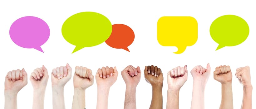 Clenching hands with multi colored speech bubbles