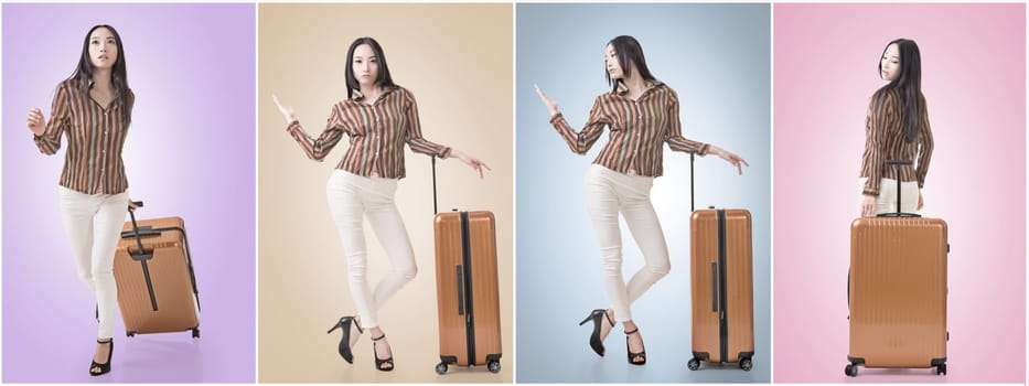 Travel concept with Asian beauty with a luggage in a set.