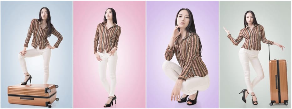Travel concept with Asian beauty with a luggage in a set.