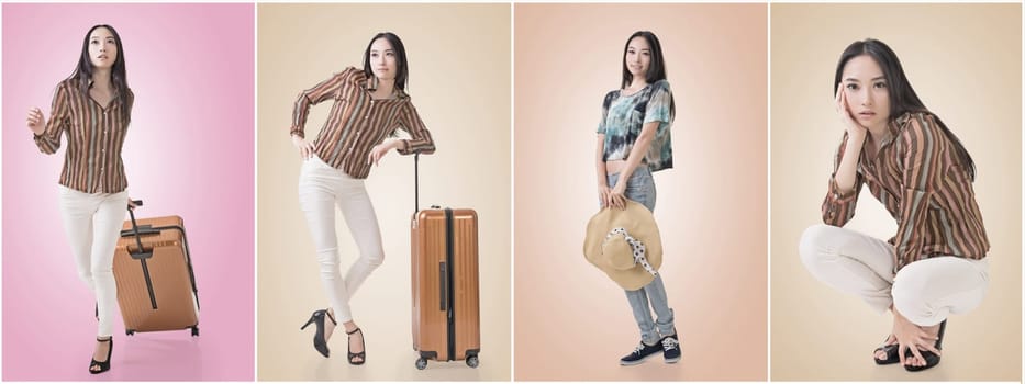 Modern Asian woman stand with a luggage.