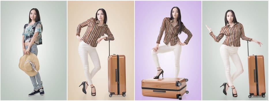 Modern Asian woman stand with a luggage.