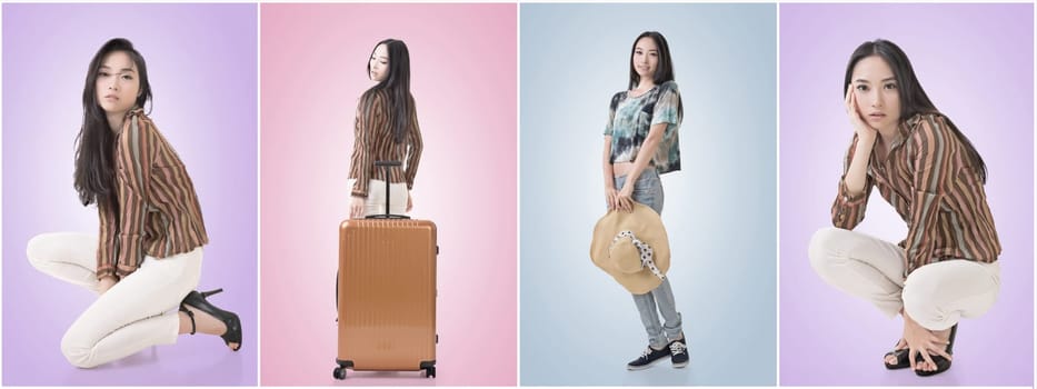 Modern Asian woman stand with a luggage.