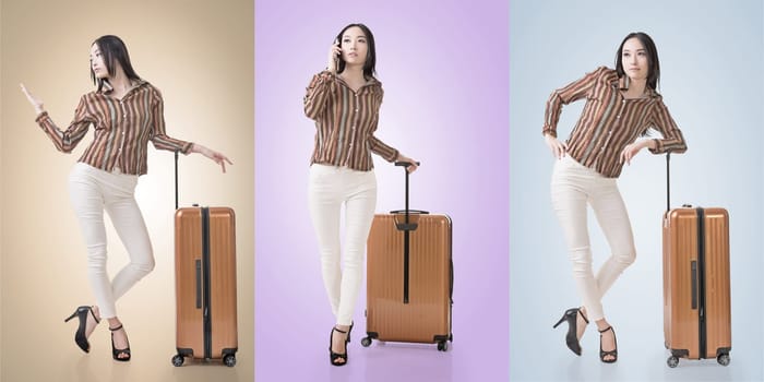 Travel concept with Asian beauty with a luggage in a set.