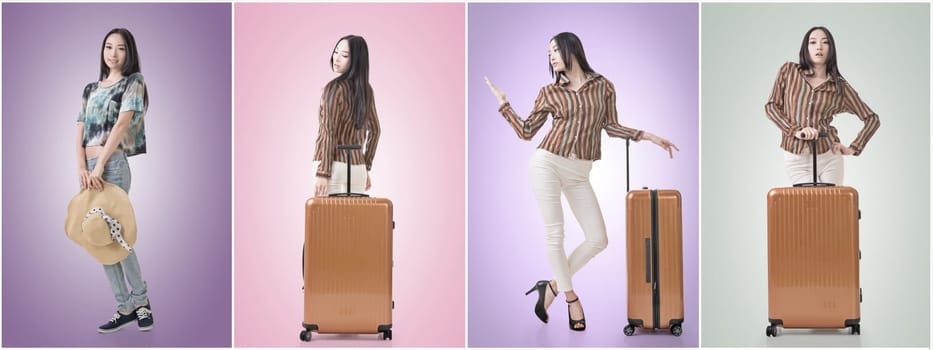 Modern Asian woman stand with a luggage.
