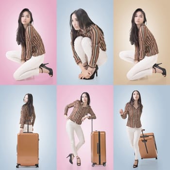 Travel concept with Asian beauty with a luggage in a set.