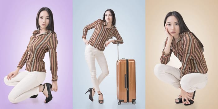 Travel concept with Asian beauty with a luggage in a set.