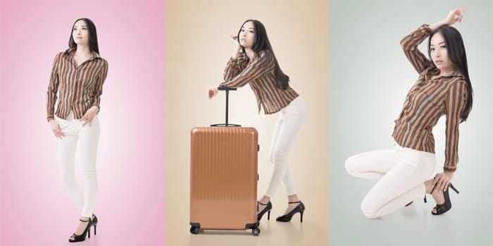 Travel concept with Asian beauty with a luggage in a set.