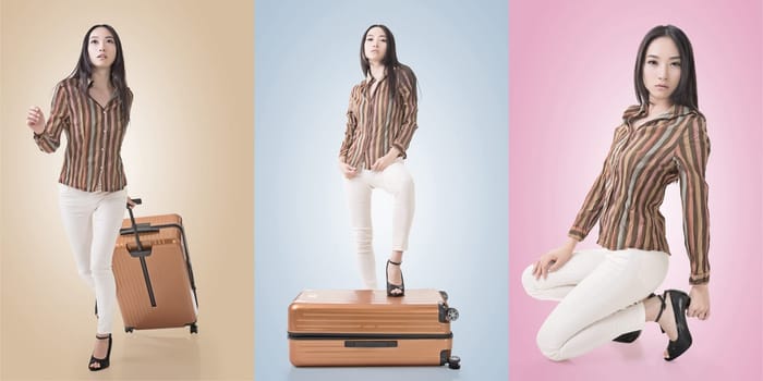 Travel concept with Asian beauty with a luggage in a set.