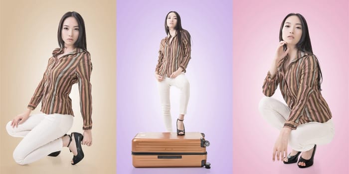Travel concept with Asian beauty with a luggage in a set.