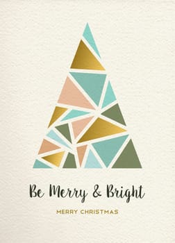 Merry christmas triangle pine tree design in retro geometry style with gold and pastel color on texture background. Ideal for xmas greeting card or holiday event. EPS10 vector.