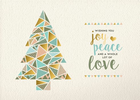 Merry christmas Happy new year triangle pine tree design in retro geometry style with gold and pastel color on texture background. Ideal for xmas greeting card or holiday event. EPS10 vector.
