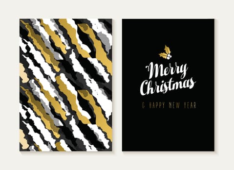 Merry Christmas and Happy new year card template set with retro 80s style seamless pattern and trendy holiday text in gold metallic color. Ideal for xmas greetings. EPS10 vector.