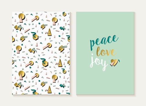 Merry Christmas and Happy new year card template set with vintage 80s style seamless pattern and trendy holiday text in gold metallic color. Ideal for xmas greetings. EPS10 vector.