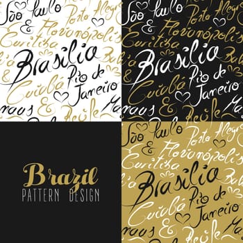 Travel Brazil South america famous with handmade calligraphy. Rio de Janeiro city, Bahia, Sao Paulo, Curitiba, Brasilia. Seamless pattern ideal for own design, wrapping paper or web. EPS10 vector.