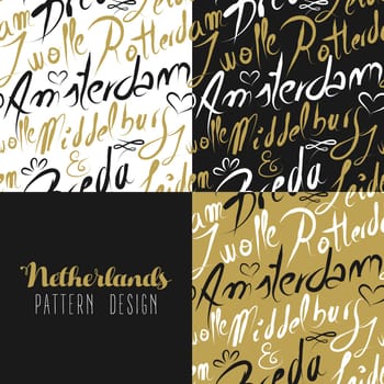 Travel Netherlands Europe famous cities with handmade calligraphy. Amsterdam city, Rotterdam, Breda, Leiden, Zwolle. Seamless pattern ideal for own design, wrapping paper or web. EPS10 vector.