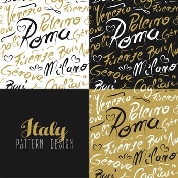 Travel Italy Europe famous cities with handmade calligraphy. Milan city, Rome, Florence, Napoli, Palermo. Seamless pattern ideal for own design, wrapping paper or web. EPS10 vector.