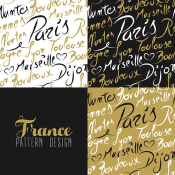 Travel France Europe famous cities with handmade calligraphy. Paris city, Lyon, Toulouse, Marseille, Bordeaux. Seamless pattern ideal for own design, wrapping paper or web. EPS10 vector.