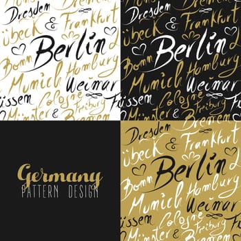 Travel Germany Europe famous cities with handmade calligraphy. Berlin city, Hamburg, Frankfurt, Munich, Bremen. Seamless pattern ideal for own design, wrapping paper or web. EPS10 vector.   .
