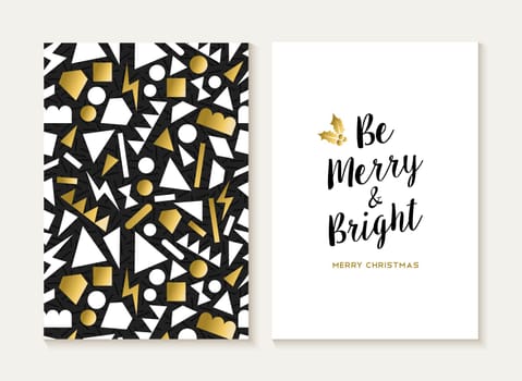 Merry Christmas card template set with retro 80s style seamless pattern and trendy Xmas text in gold metallic color. Ideal for holiday greetings. EPS10 vector.