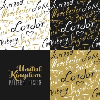 Travel England UK famous cities with handmade calligraphy. London city, Manchester, Liverpool, Oxford, Bristol. Seamless pattern ideal for own design, wrapping paper or web. EPS10 vector.